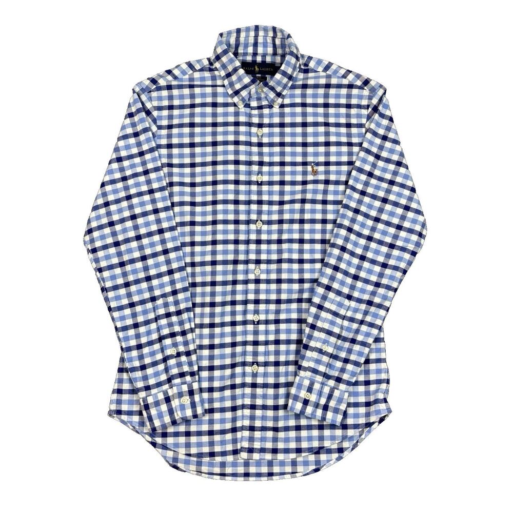 Ralph Lauren Slim Fit Stretch Oxford Shirt Men M Blue White Check Flesh Pony